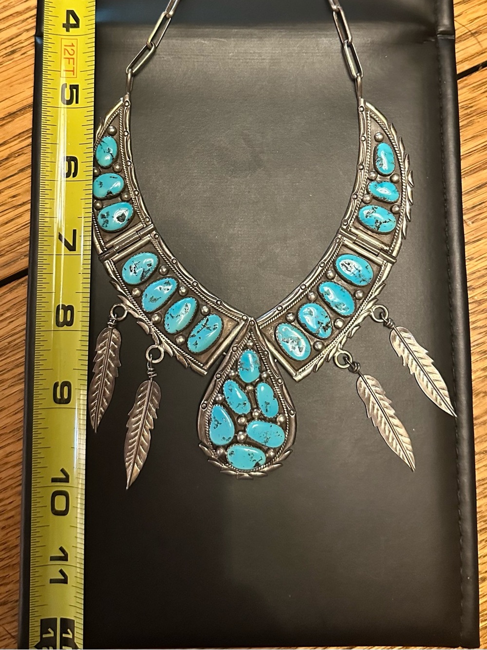 Vintage Navajo sterling silver and turquoise bib necklace with feather accents